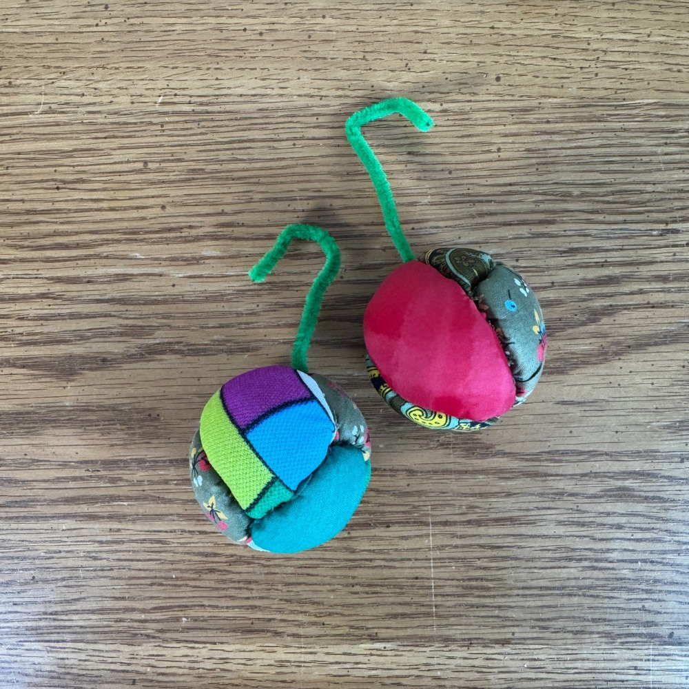 Handmade Patchwork Fabric Ball Ornaments Set of 2 Multi Color Boho‎ Textile Art